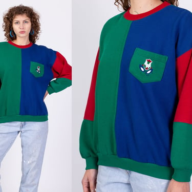 80s Color Block Tulip Sweatshirt - Extra Large | Vintage Green Blue Red Colorful Crewneck Pullover 