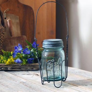 Vintage wire mason canning jar holder with Ball jar / antique primitive metal canning jar holder / lantern candle holder / rustic farmhouse 