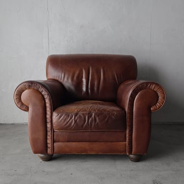 Italian Aged Leather Lounge Chair and Ottoman 