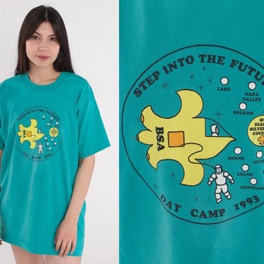 90s Boy Scout Shirt Space Day Camp Tshirt Mount Diablo Silverado Council Tshirt Vintage Retro T Shirt 1990s Spaceship Astronaut Green Large 
