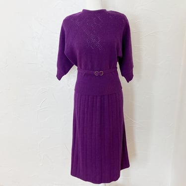 40s Purple Knit Set Pleated Skirt and Matching Belt | Small/Medium 