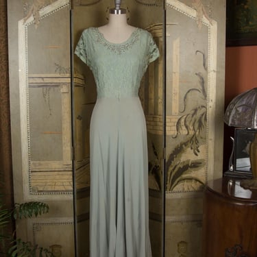 MEMORIAL WEEK SALE - Seafoam Green 1940s Lace and Rayon Crepe Evening Dress  Item #166 
