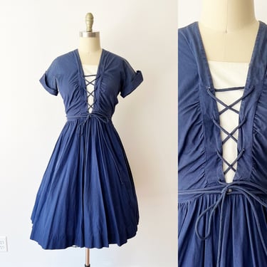SIZE XS / S Vintage 1950s Lace Front Dress - Cotton Belted Day Dress - 50s Jonathan Logan Blue Dress Classic 