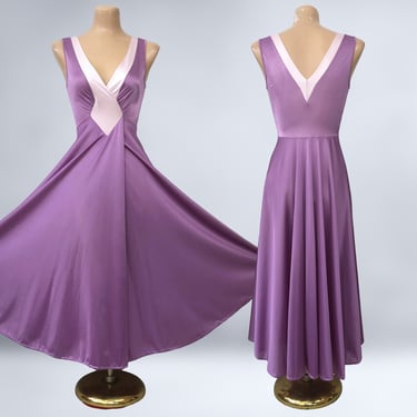 VINTAGE 80s Lavender and Pink OLGA Full Sweep Midi Nightgown Color Block Style #9206 | Stretch Bodice 154" Wrap Sweep | Wedding Lingerie VFG 