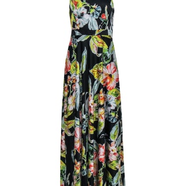 Nicole Miller - Black Silk Floral Print Halter Top Maxi Dress Sz 6