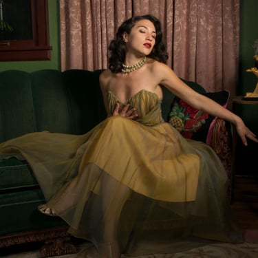 1950s Dress - Vintage 50s Strapless Cocktail Dress in Mustard and Grey Organza 