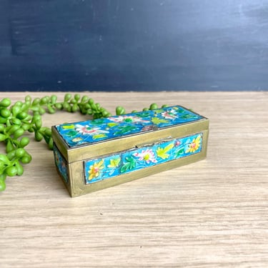 Chinese brass and enamel stamp box - vintage Asian decor 