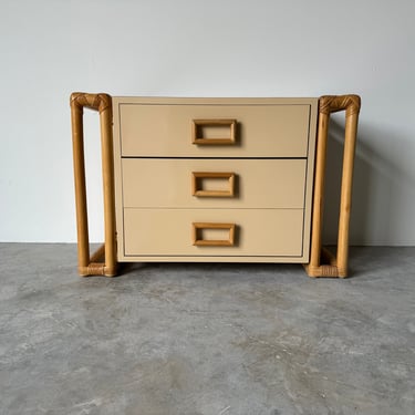 Vintage Taupe Laminate And Rattan  Nightstand 