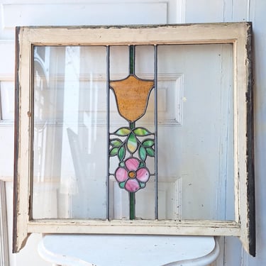 Antique Flower Stained Glass Transom, Stained Glass Window, Beveled Glass, Victorian Window, Yellow and Blue Glass, Leaded Window 072903 