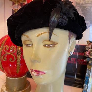 vintage 1980s black velvet beret 80s hat with feathers by Betmar avant garde 