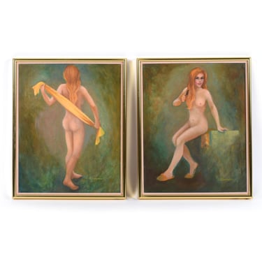 Pair of Vintage 1970s Female Figural Nude Goddess Muse Paintings 