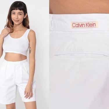 Calvin Klein Shorts 90s White Pleated Trouser Shorts Retro High Waisted Bermuda Summer Basic Cotton Vintage 1990s Small S 27 
