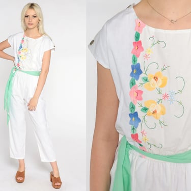 Floral Embroidered Jumpsuit 80s White Pantsuit Boho Tapered Pants Cap Sleeve Belted Romper Vintage 1980s High Waisted Bohemian Retro Medium 