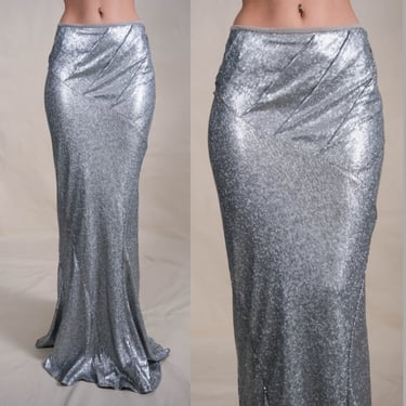DONNA KARAN Black Label Silver Sequined Asymmetrical Mermaid Floor Length Stretch Skirt | 2000s Y2K Donna Karan New York Designer Maxi Skirt 