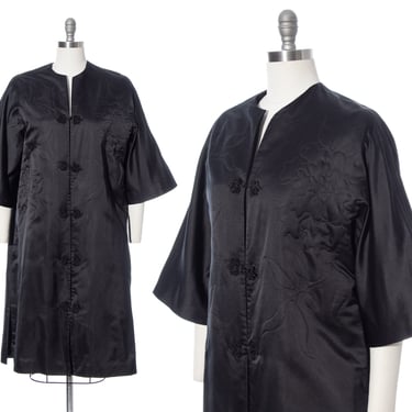 Vintage 1960s Opera Coat | 60s DYNASTY Black Silk Satin Frog Closures Floral Top Stitched Embroidered Asian Formal Evening Jacket (large) 