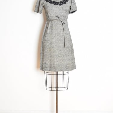 vintage 60s dress jacket set gray black crochet trim outfit XS clothing 
