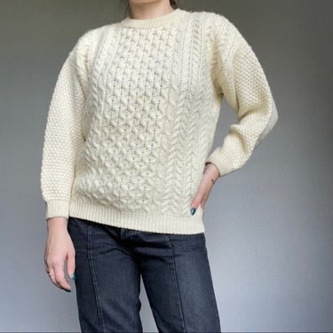 Vintage Wool Cream White Chunky Knit Welsh Irish Fisherman Style Celtic Oversized Sweater Sz M 