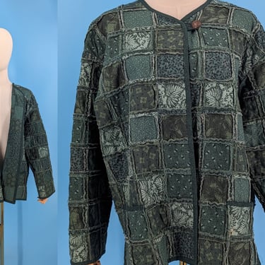 Vintage Handmade Green Quilted Patchwork Jacket - Large / XL Reverse Seem Patchwork Coat 