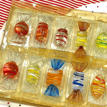 VINTAGE: 12 Hand Blown Italian Candy Set in Original Box - Colorful Glass Candies - Lamp Work 