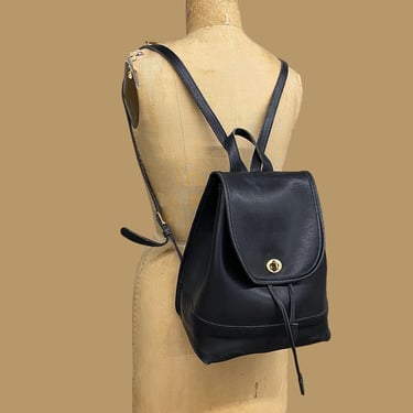 Vintage Coach Backpack Retro 1990s Preppy + Dayback + 9791 + Black + Genuine Leather + Drawstring Bag + Brass Metal + Womens Accessory Purse 