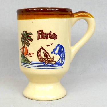 80s Florida Pedestal Mug - Tourist Souvenir - Sailboat Palm Tree Orange Sun Seagull Wave - Vintage 1980s Coffee Cup 