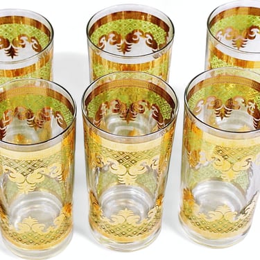 Georges Briard glassware. 6 Highball cocktail glasses in green & gold Carrara. Fancy bar tumblers in moroccan pattern for boho home decor. 