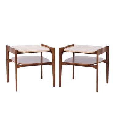 Bertha Schaefer for Singer and Sons Mid Century Sculpted Travertine and Walnut End Tables - Pair - mcm 