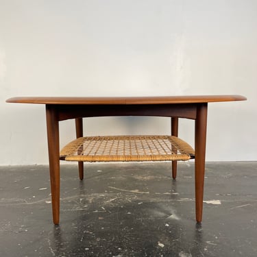 Johannes Andersen Teak Round Coffee Table with Cane Shelf