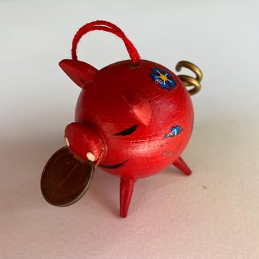 Vintage Piggy Bank Ornament, Christmas Tree, Wooden Pig With Faux Penny In Mouth, Possible Steinbach, Penny Pincher 