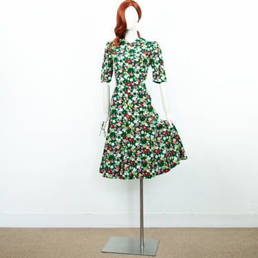 Vintage 80s Green Midi Floral Skater Dress Fit & Flare Collared Puffed Shoulders Size S UK 10 