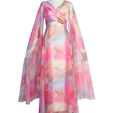 Vintage 1970s Pink Blue Watercolor Floral Extreme Angel Sleeve Dream Dress