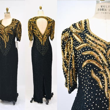 70s 80s GLAM Vintage Black Gold Beaded Sequin Evening Gown Small Medium // 80s 90s Pageant Drag Queen Black beaded Dress Gown Medium 