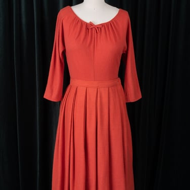 RARE 1950s Miss Sun Valley by Morris Watkin Burnt-Orange Wool Top and Taffeta-Lined Skirt Set 
