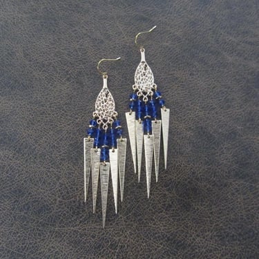 Dramatic blue crystal and light gold chandelier earrings 