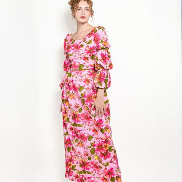 Vintage Pink Floral Ruched Sleeve Dress with Velvet Trim 