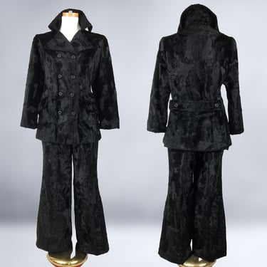 VINTAGE 60s 2 Piece Black Faux Broadtail Lamb Fur Pant Suit Set | 1960s Stand Up Wired Collar Peacoat & Wide Leg Pants Set | VFG 