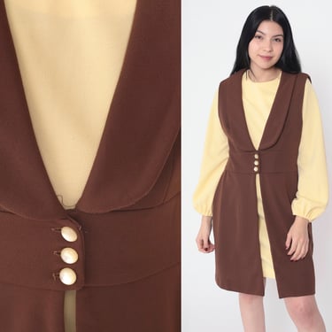 70s Two Piece Set Mod Mini Dress and Vest Yellow Brown Long Sleeve Shift Day Dress Outfit Retro Seventies Gogo Twiggy Vintage 1970s Medium 