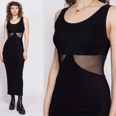 90s Black Bodycon Sheer Cutout Maxi Dress Small | Vintage Slinky Fitted Formal Cocktail Party Dress 