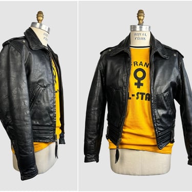 BIKER BABE Vintage 50s Horsehide Motorcycle Jacket | 1950s Black Leather Crop Biker Jacket | 40s 1940s Moto, Rocker | Men's Size Small 