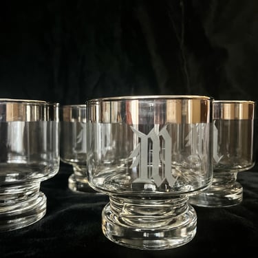Silver Rim Barware Glasses, Monogram M, Old English Initial, Silver Trim, Mid Century Drinkware, On the Rocks, Old Fashioned, Vintage 60s 