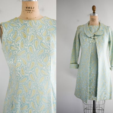1960s Blue and Green Brocade Dress and Coat Set 