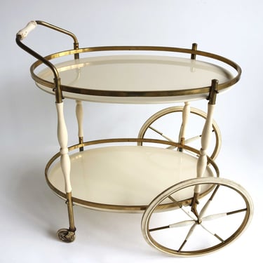 Hollywood Regency Shabby Chic Cream Lacquer Gold Oval Mid-century Wedding Bar Cart Neoclassical Serving Table Trolley Brass Glass Tea 1960s 