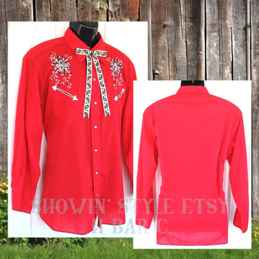 H Bar C, California Ranchwear Men's Cowboy & Rodeo Shirt, Bright Red with Floral Style Embroidery, Approx. XLarge (see meas. photo) 