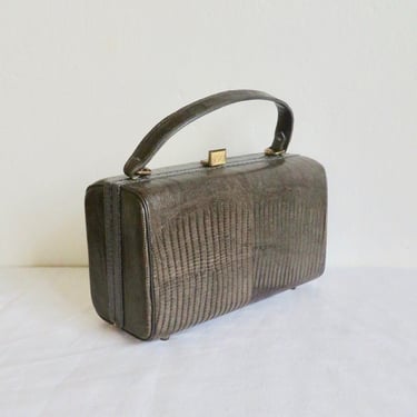 Vintage 1950's Shark Gray Snakeskin Leather Box Purse Top Handle Gold Metal Clasp Hardware 50's Handbags Fall Winter Purses Andrew Geller 