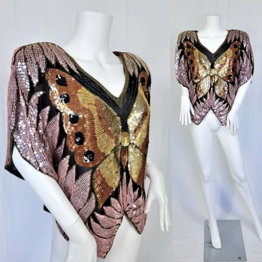 Volup 1980's Pink Gold Black Silk Sequin Butterfly Top I Blouse I Shirt I Sz Lrg I ShoMax 