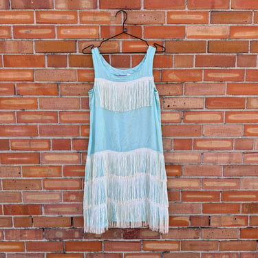 vintage 60s does 20s blue fringe shift flapper dress / s m small medium 