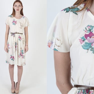 Sheer Poly Floral Dress / Thin Lightweight Secretary Dress / Off White Airy Sun Dress / Vintage 70s Disco Flutter Sleeve Mini Dress 