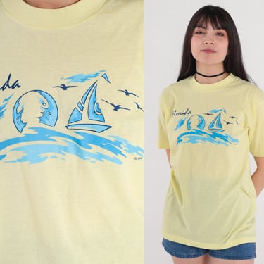 Florida T-Shirt 80s Sailing Shirt Ocean Sailboat Graphic Tee Tourist Travel TShirt Single Stitch Yellow Vintage 1980s Tee Jays Medium Large 