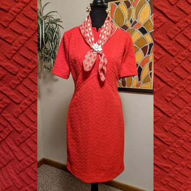 Vintage 1960s Bright Red Textured Polyester Shift Dress by Richard Harwood of Dallas 