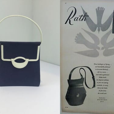 Keeping Slender Through Canapes - Vintage 1940s 1950s Navy Blue & White Nubuck Leather Tall Slender Handbag Purse 